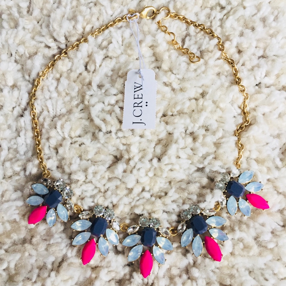 J. Crew Gold Chain Statement Necklace with Pink, Blue, Navy and Opal Stones